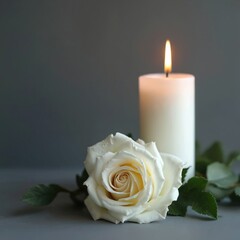 Fototapeta premium Sympathy card, white candle burns next to white rose, dark grey background. Floral arrangement condolences, mourning, remembrance. Memorial, funeral concept. Peaceful still life reflects loss, grief.