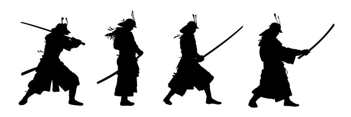 Set od silhouette of a samurai with a sword - vector illustration.