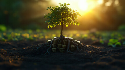 Rooted Coins with Leaves Reflecting Sustainability and Growth