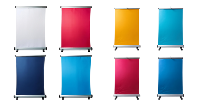 Colorful empty display banners for presentations and exhibitions, isolated on transparent background
