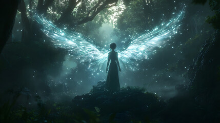 Anime character with glowing wings in a magical forest