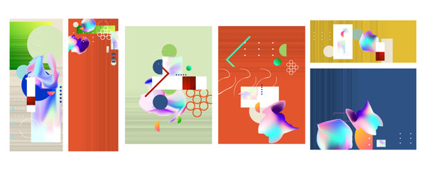 Summer Party Mixed media collage Set geometric color postcards in collage style with fluid foil of different shapes