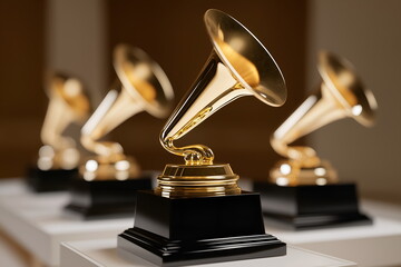 Golden Grammy Awards trophies displayed on a shelf  