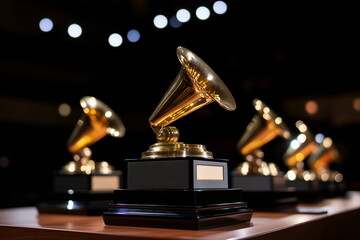 Grammy Awards trophies displayed on a wooden table  