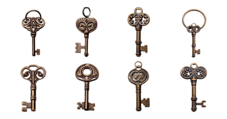 Vintage Decorative Keys Set of Eight Unique Designs for Crafts, PNG bundle collection, Isolated on Transparent Background