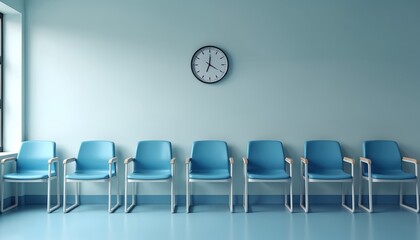 Row blue chairs arranged waiting area. Clean interior, clock, wall, empty seats. Office lobby, hospital, clinic waiting room. Contemporary design concept. Nobody sits.