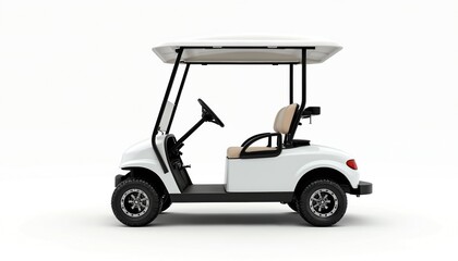 White golf cart on white background. Modern design with canopy and seats. Side view showcases clean lines, vehicle for resort, sunny weather recreation, leisure activity.