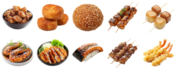 A Vibrant Collection of Delicious Asian Dishes Featuring Grilled Meats, Tempura, Rice Balls, and More in a Culinary Display of Flavor and Texture. Piquant food set.