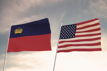 Relations between the countries of the United States of America USA and LIECHTENSTEIN represented by the concept of two flags waving against a cloudy sky.3d render.