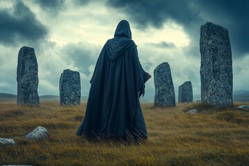 Hooded figure walking through ancient stone circle in mystical landscape