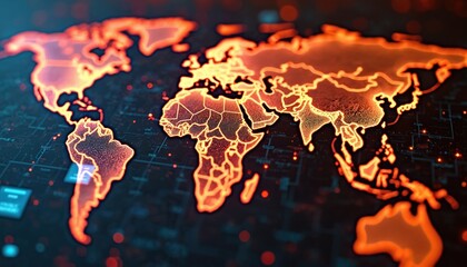 Holographic display global map with real-time news data. Glowing digital elements, trends across various regions. Information technology, innovation, communication, cyber, statistic, multimedia,