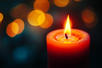Red candle burning brightly with a warm glow and blurred bokeh lights in the background, creating a cozy and festive atmosphere