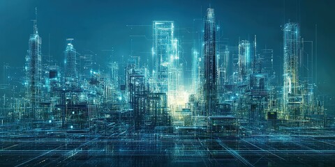 Futuristic cityscape showcasing advanced technology and towering skyscrapers at night with glowing circuits