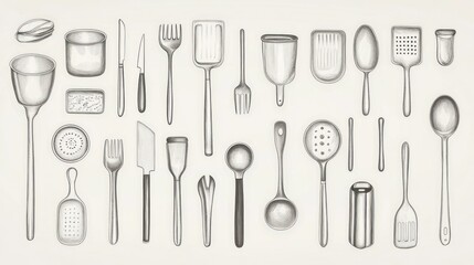 Monochrome illustration of various kitchen utensils arranged in rows.