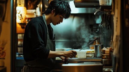 A dedicated young chef skillfully prepares a meal in a cozy urban kitchen, illuminated by warm lighting and filled with steaming pots. The scene captures the essence of culinary craftsmanship and
