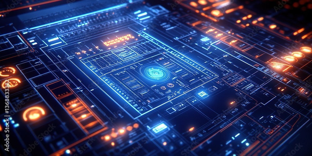 Poster abstract digital circuit board design with glowing components illustrating advanced technology in a 