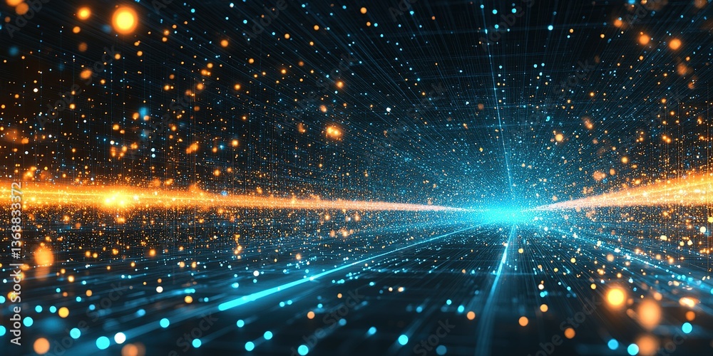 Poster dynamic lines of light create a vibrant virtual landscape of colors and particles in motion during a