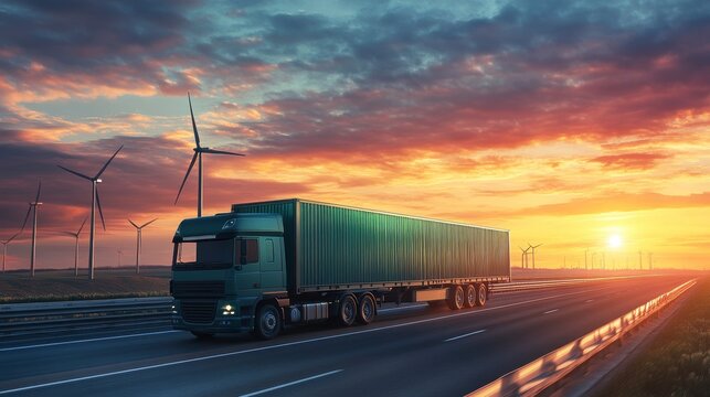 Green semi-truck drives on highway at sunset, wind turbines in background.