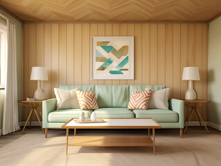 Modern living room with natural wood color wall panels and geometric ceiling panels featuring also mint couch with geometric pillows and large artwork on the wall