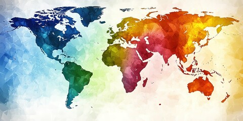 Colorful world map illustration with abstract design representing continents and oceans, ideal for educational purposes and artistic displays