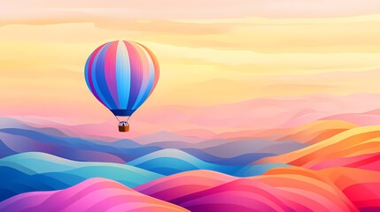 Fototapeta premium A vibrant hot air balloon floating over colorful hills, showcasing a blend of pink, blue, and orange hues in a serene landscape. Floating Echoes. Illustration