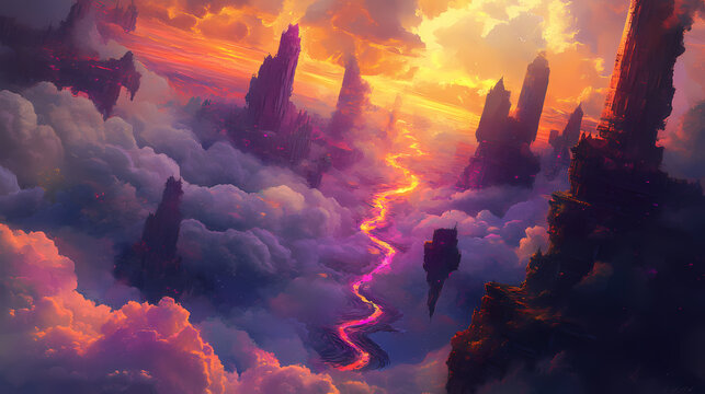 A surreal landscape featuring a winding path of vibrant colors amidst floating clouds and towering structures during sunset. Floating Echoes. Illustration