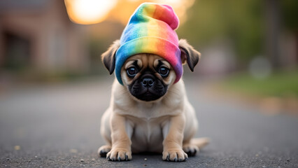 Cute Pug Dog in Rainbow Knit Hat &ndash; Cozy Winter Pet Fashion Outdoor Portrait
