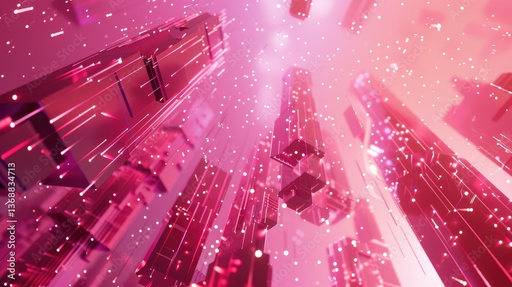 Poster explore a mesmerizing virtual space filled with moving dots and pixels, creating a vibrant and futur