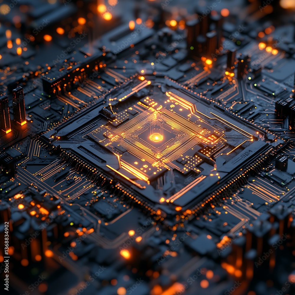 Poster advanced computer circuit with glowing central processor. intricate network of interconnected compon