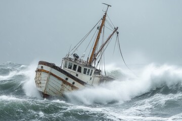 Old fishing boat sailing in a stormy sea with big waves