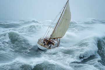 Classic sailing yacht tacking in rough seas during storm © Michael