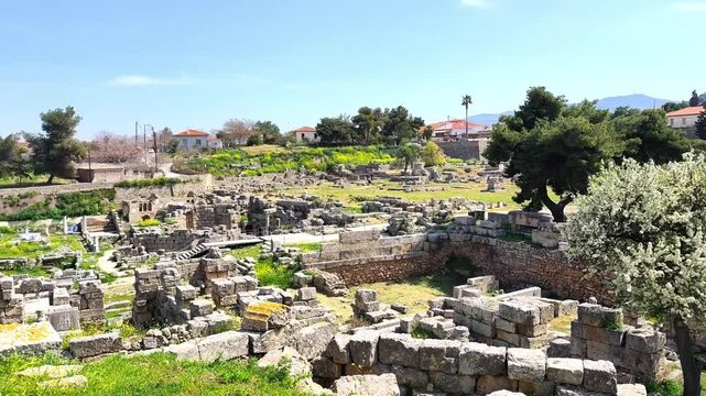 Panoramic view of the ruins of the ancient city of Corinth in Peloponnese, Greece.