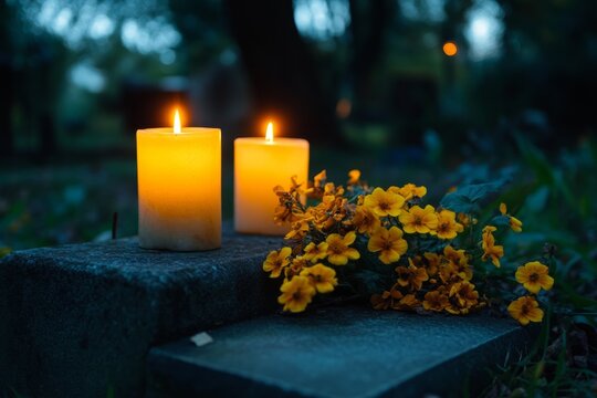 Two lit candles and yellow flowers commemorating a loved one rest on a tombstone in a cemetery at dusk