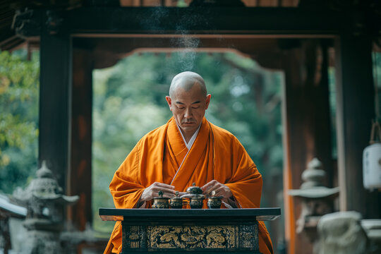 Buddhist monk wearing orange kasaya burning incense during a ceremony in a temple in japan