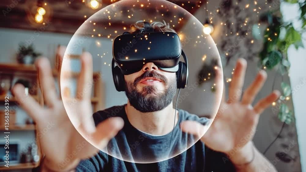Poster man discovers virtual worlds while using immersive technology generative ai