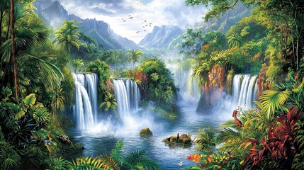 Fototapeta premium Lush tropical waterfall landscape with misty mountains and vibrant foliage