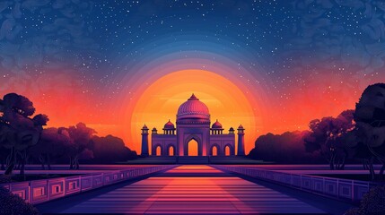 Obraz premium Majestic domed landmark silhouette at sunset with starry sky and trees