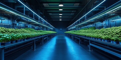 Fototapeta premium Innovative indoor farm showcasing rows of vibrant green plants under bright blue LED lighting in a modern facility