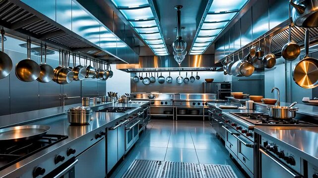 Industrial professional stainless steel kitchen with commercial appliances setup