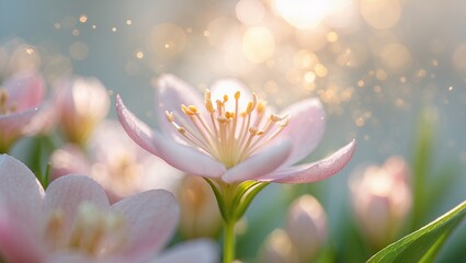 Fototapeta premium Delicate pink flower blossoms bathed in sunlight, bokeh background