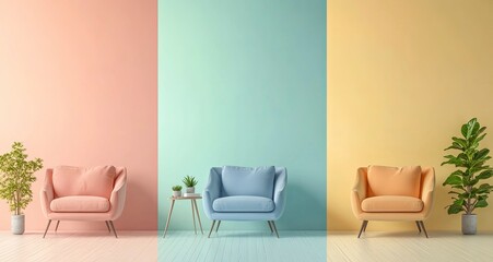 Set of four different-colored pastel interior backgrounds with an armchair and coffee table, with copy space for text in the middle