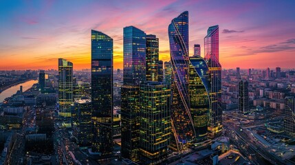 Obraz premium Modern cityscape at sunset with reflective skyscrapers and river