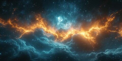 Fototapeta premium Vibrant cosmic storm illuminating the dark sky with electric colors and celestial elements at night