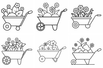  Wheelbarrow with Flowers Outline Coloring Book Page Line Art Drawing Set