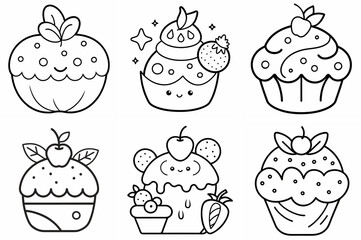 Whimsical Food Outline Coloring Book Page Line Art Drawing Set