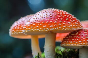 A stunning close-up of vibrant red mushrooms with white spikes, showcasing their unique texture against a blurred forest background. Perfect for nature themes.
