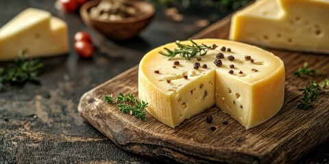 Delicious cheese with herbs and spices on a rustic wooden board in a kitchen setting