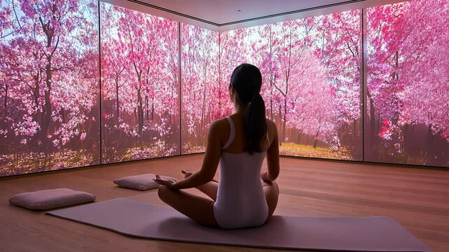 Meditating in a Serene Room With Virtual Cherry Blossom Scenery Generative AI