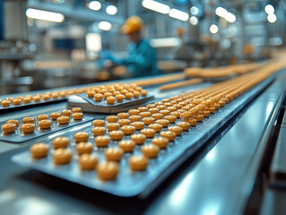 A pharmaceutical factory floor showcases a meticulously organized conveyor belt, densely packed with orange pills arranged on trays.