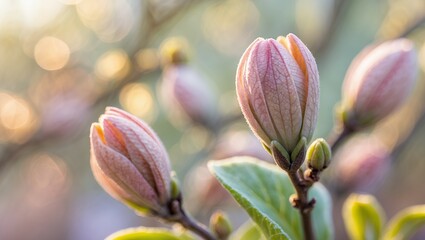 Delicate pink flower buds on a branch, bathed in warm sunlight